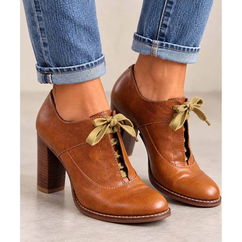 Nine West Womens 80s 90s Vtg Lace Up Oxford Block Heel Shoes 8M Cognac Leather